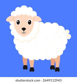 Cute cartoon sheep. Fluffy white farm animal lamb. Suitable for children's books, sticker, mascot, fairy tales, logo. Isolated vector illustration on blue background	