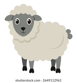 Cute cartoon sheep. Fluffy white farm animal lamb. Suitable for children's books, sticker, mascot, fairy tales, logo. Isolated vector illustration on white background