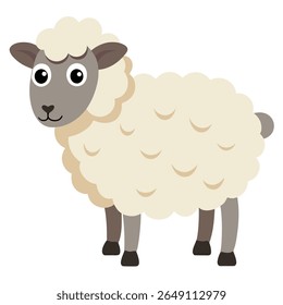 Cute cartoon sheep. Fluffy white farm animal lamb. Suitable for children's books, sticker, mascot, fairy tales, logo. Isolated vector illustration on white background