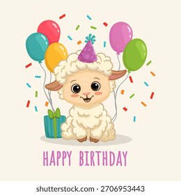 Linda oveja de dibujos animados con regalo y globos. Oveja en estilo plano para tarjeta de felicitación, libro, página de actividad. Postal de feliz cumpleaños. Ilustración vectorial