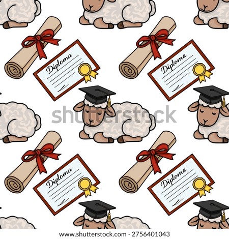 Cute cartoon sheep in graduation caps with diplomas and scrolls, seamless vector pattern