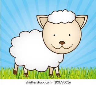 cute cartoon sheep with grass and sky, vector