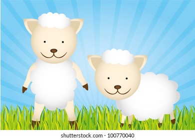cute cartoon sheep with grass and sky, vector