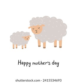 Caricatura de ovejas. Cartel de mano dibujado para niños. Madre y bebé de animales. Ilustración vectorial en estilo plano