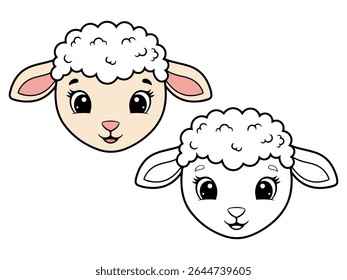 Cute cartoon sheep head illustration, with one colored version (white wool, pink ears) and one black and white outline. Ideal for farm animal themes or coloring pages.
