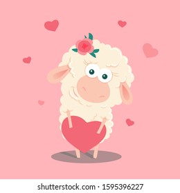 Cute cartoon sheep with a heart. Vector illustration