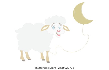 Cute Cartoon Sheep Holding a Crescent Moon Balloon, Sheep Illustration