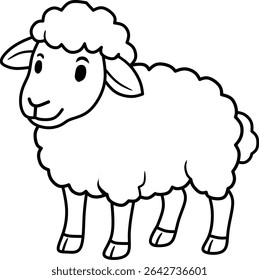 Cute cartoon sheep illustration in black and white, perfect for coloring books and kids’ activities. Simple, friendly, and fun farm animal design.