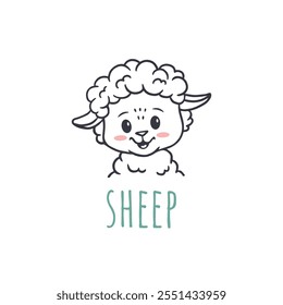 Cute cartoon sheep isolated on white. Funny sheep cub in doodle style. Sheep face for cards, magazins, banners, coloring page. Vector Illustration.