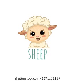 Cute cartoon sheep isolated on white. Funny sheep cub in flat style. Sheep face for cards, magazins, banners, coloring page. Vector Illustration.