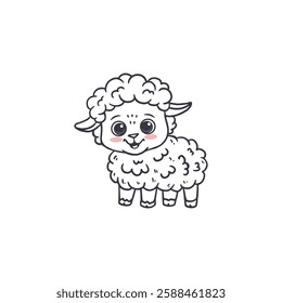 cute cartoon sheep isolated on white. Funny lamb. Animal in doodle style for children's coloring, worksheets, and activity pages. Vector illustration