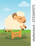 Cute Cartoon Sheep Jumping Over Fence in Green Field Flat Vector Illustration.