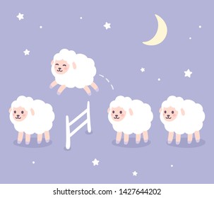 Cute cartoon sheep jumping over fence, good night drawing. Counting sheep for insomnia. Night sky with stars and moon. Hand drawn vector clip art illustration.