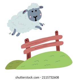 Cute cartoon sheep jumping over fence. Counting sheep to fall asleep vector illustration