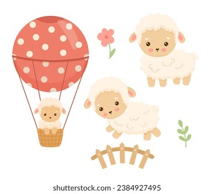 Cute Cartoon Schafe springen über Zaun, in rotem Luftballon. Vektorkindische Illustrationen einzeln auf Weiß. Funny Farm Animal für Kinder