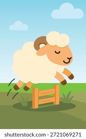 Cute Cartoon Sheep Jumping Over Fence in Green Field Flat Vector Illustration.