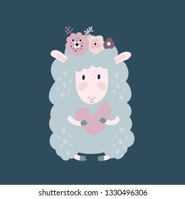 Cute cartoon sheep. Lamb with heart. Hand drawn vector character. Animal flat clipart. Cartoon illustration for kids game, book, t-shirt, cards, print, textile, poster