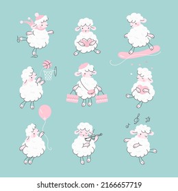 Cute cartoon sheep. Lamb set, fun happy white wool sheeps. Funny farm animals. Adorable nowaday baby characters read, skate, dance, vector kit