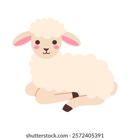 A cute cartoon sheep is laying down on a white background. The sheep has a pink nose and is smiling