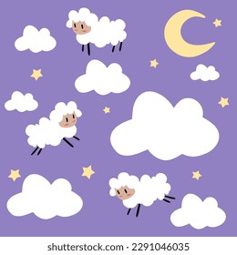 Cute cartoon sheep on the background of the night sky with clouds and the moon. Vector illustration of flying sheep.