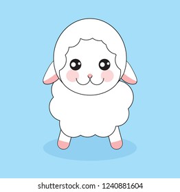Cute cartoon sheep on blue background. Happy animal