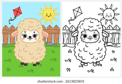 Cute cartoon sheep on a farm coloring page for kids, spring coloring page for kids