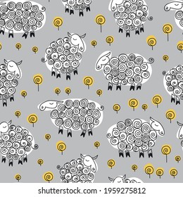 Cute cartoon sheep on a gray background and yellow stylized flowers. Seamless pattern. Wallpaper. 