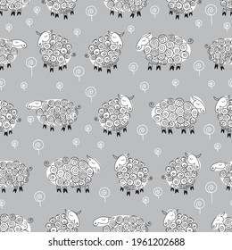 Cute cartoon sheep on a gray background. Seamless pattern. Vector illustration.