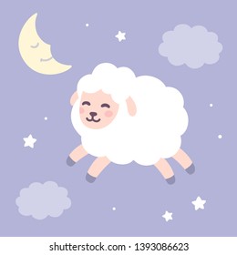 Cute cartoon sheep on night sky background with stars and moon. Adorable Good Night drawing, vector clip art illustration.