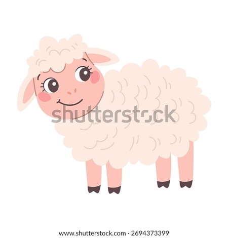 Cute cartoon sheep on white background. Flat kids illustration of farm animal. Fluffy lamb vector isolated