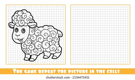 Cute cartoon sheep outlined the game repeat the picture in the cells