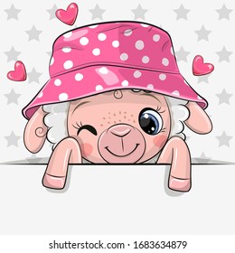 Cute Cartoon Sheep with panama hat on a stars background