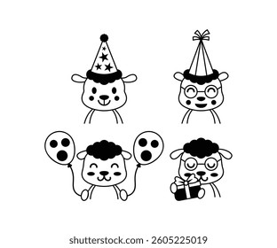 Cute Cartoon Sheep Party Icons Black and White Vector Illustration