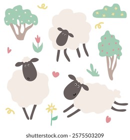 Cute Cartoon Sheep in Pastoral Setting with Trees and Flowers