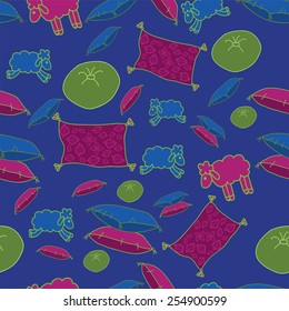 Cute cartoon sheep and pillow  seamless pattern.