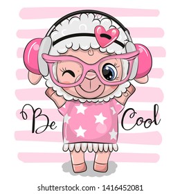 Cute Cartoon Sheep in a pink dress with glasses on a stripes backgroud