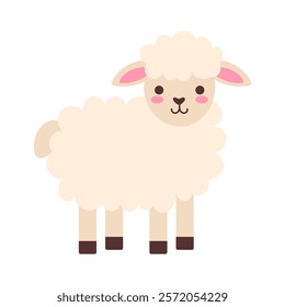 A cute cartoon sheep with a pink nose and a smile. It is standing on a white background