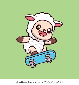 Cute Cartoon Sheep Playing Skateboard Vector Icon Illustration. Animal Sport Icon Concept Isolated Premium Vector. Animals Cartoon Style