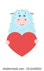Cute cartoon sheep ram mutton animal holds a heart sign with copy space. set valentine's day greeting card banner invitation flyer brochure. cartoon hand drawn style. Little animals pets in love