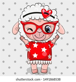 Cute Cartoon Sheep with red glasses on a dots background