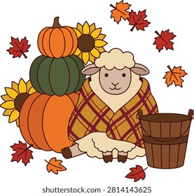 Cute cartoon sheep resting beside stacked pumpkins, autumn leaves, and a wooden bucket, illustrated in a flat vector style and isolated on a white background.