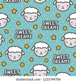 Cute Cartoon Sheep Seamless Pattern Background, Illustration Vector