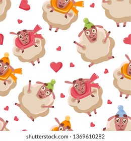 Cute Cartoon Sheep Seamless Pattern, Design Element Can Be Used for Fabric, Wallpaper, Packaging Vector Illustration