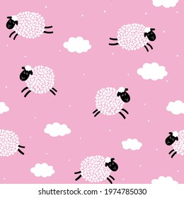 Cute cartoon sheep seamless pattern background. Sheep and clouds on a pink background. Children's vector pattern. For the design of textiles, fabric, wallpaper, wrapping paper.