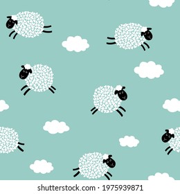 Cute cartoon sheep seamless pattern background. Sheep and clouds on a blue background. Children's vector pattern. For the design of textiles, fabric, wallpaper, wrapping paper.