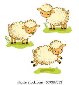 Cute cartoon sheep set. Character Design. A collection of vector illustration with sheep  is standing, chewing, jumping. Cute animal in the cartoon style. 
