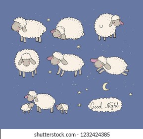 Cute cartoon sheep set. Farm animals. Funny lambs. good night sweet dreams