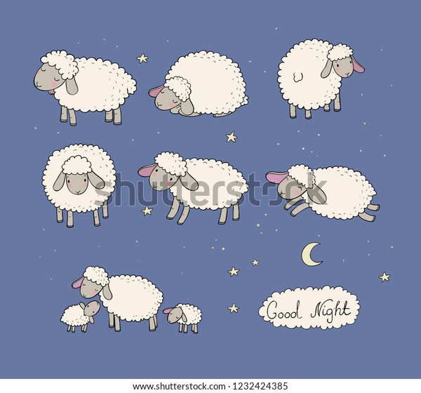 かわいいマンゴーの羊セット 家畜 おかしな子羊 夜の楽しい夢 のベクター画像素材 ロイヤリティフリー