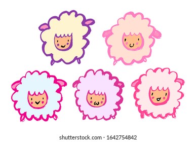 Cute cartoon sheep set. Five adorable sheeps. Pink, violet, red colors. Grunge hand-drawn style. Cartoon funny characters.