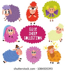 Cute cartoon sheep set. Funny characters set for your design in different poses. Colorful detailed vector Illustrations isolated on white background.